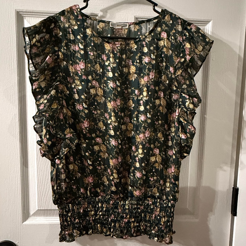 Leaving Closet Soon! Pleione Green and Gold Ruffled Smocked Blouse C0261